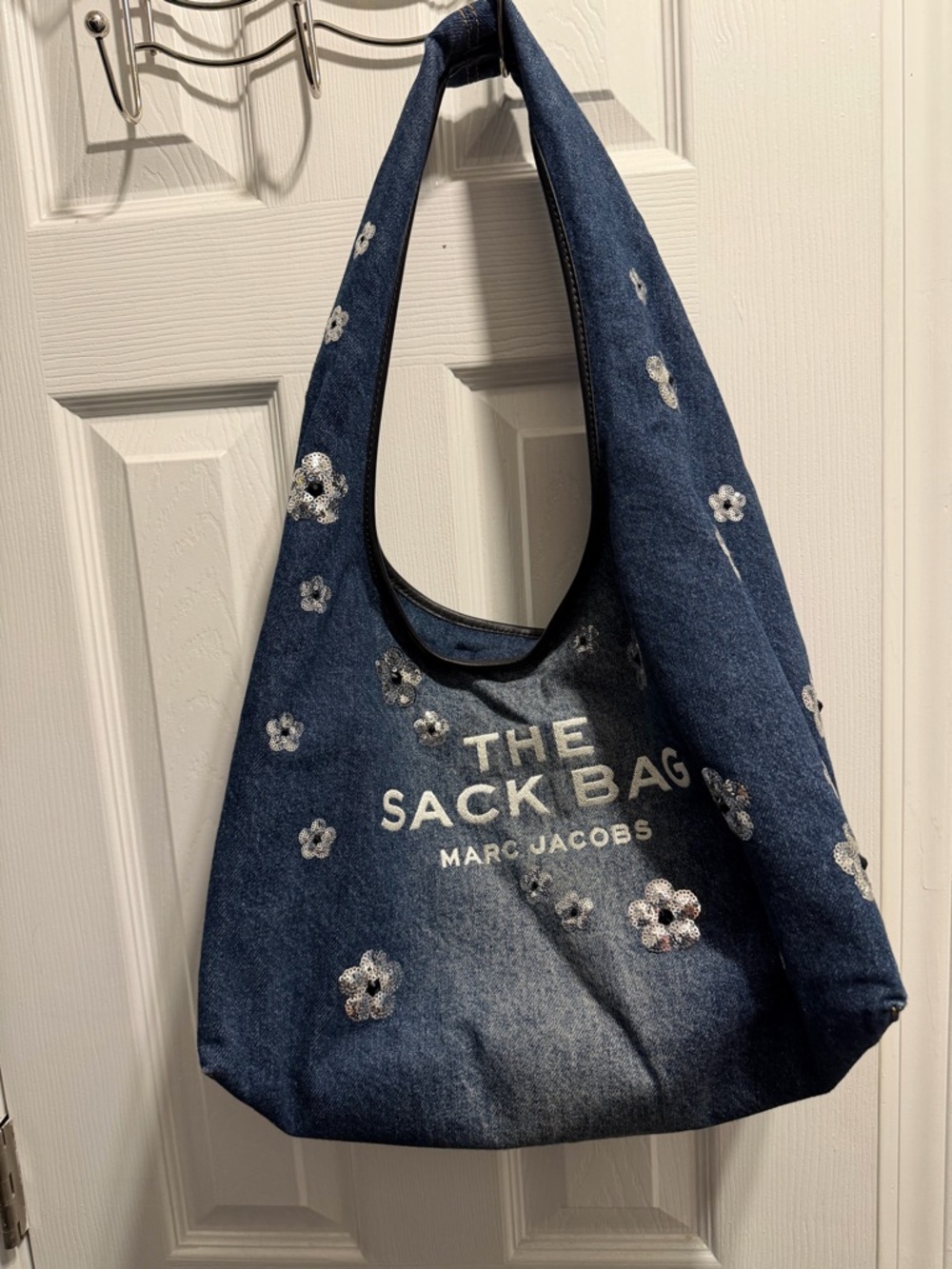 Marc Jacobs Denim Shoulder Sack Bag with Silver Floral Accents